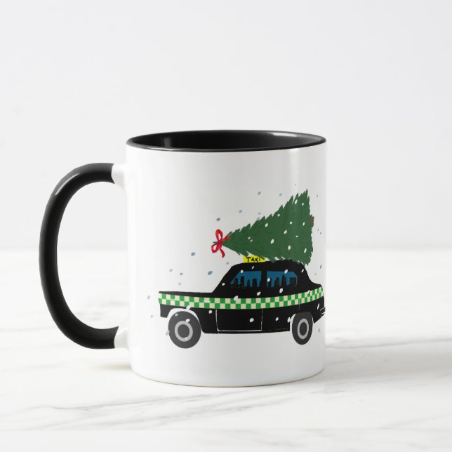 Caneca Árvore de Natal de Táxi Preto Desenhando Neve (Esquerda)