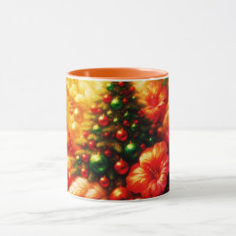 Caneca Árvore de Natal e Flores em Café Personalizado
