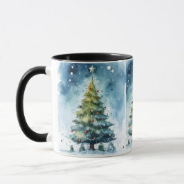 Caneca Árvore de Natal em Aquarela Paisagem de Inverno Na