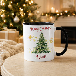 Caneca Árvore de Natal em Aquarela Personalizada com Nome