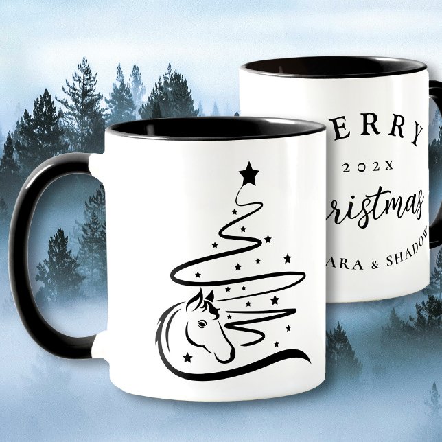 Caneca Árvore de Natal equestre, preto e branco (Horse Christmas tree mug, vector art. )