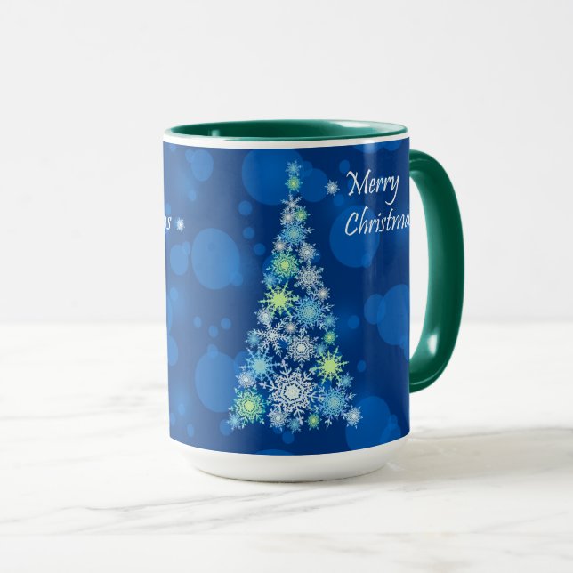Caneca Árvore de Natal feita de flocos de neve. (Frente Esquerda)