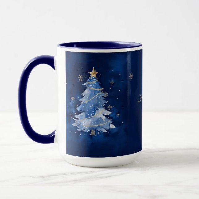 Caneca Árvore de Natal Personalizada Azul Marinho e Doura (Esquerda)