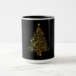 Caneca Árvore de Natal Preta e Dourada Esparsa