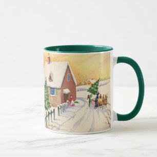 Caneca Árvore de Natal Vintage em uma Estrada de Inverno 