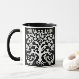 Caneca Árvore Floral da Vida em Branco em Preto