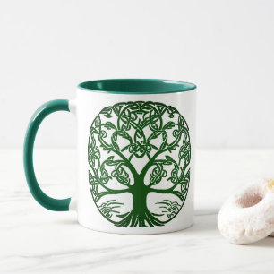 Caneca Árvore Nó Celta da Vida Verde em Branco