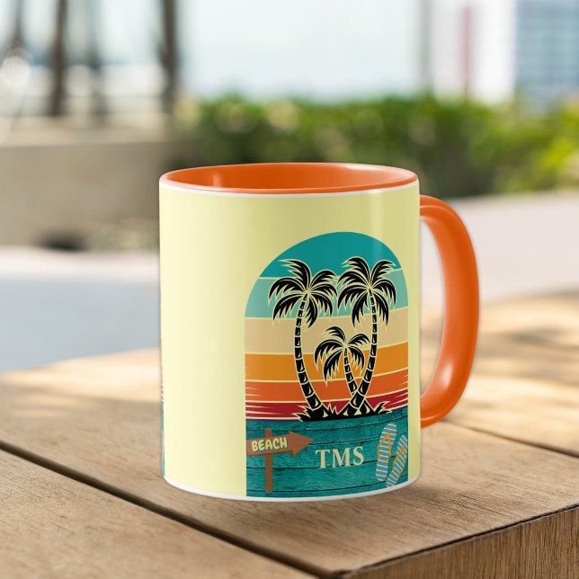 Caneca Árvore Palma Retro Tropical Sunset FlipFlops Monog (Criador carregado)