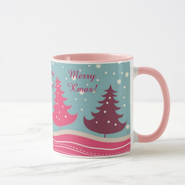 Caneca Árvore retro cor-de-rosa bonito do Feliz Natal, (Direita)