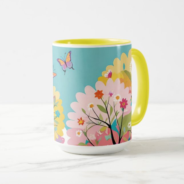 Caneca Árvores Coloridas Floral com Borboletas (Frente Esquerda)