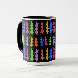 Caneca Árvores de Natal Coloridas em Preto