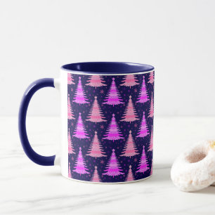 Caneca Árvores de Natal - Design de Padrão Azul Rosa