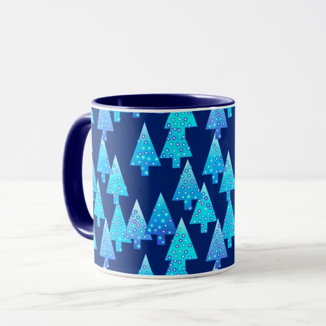 Caneca Árvores de Natal Modernas Flores, Azul Profundo (Frente Esquerda)