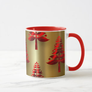 Caneca Árvores de Natal Vermelhas na Dourada