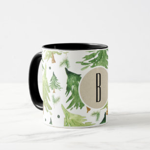 Caneca Árvores de Pinheiro em Aquarela Monograma Rústico