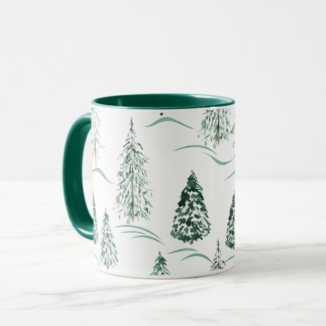 Caneca Árvores natalinas de aquarela. Floresta de inverno