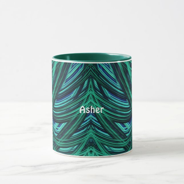 Caneca ASHER ~ Zany 3D Fractal ~ Azul e Verde (Centro)