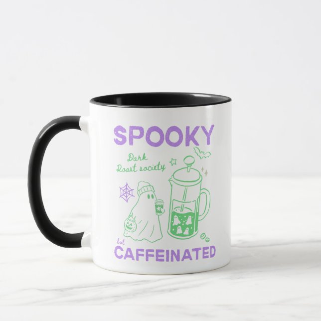 Caneca Assustador Mas Caffeinado Violeta Verde Halloween  (Esquerda)