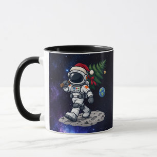 Caneca Astronauta de Natal Carregando uma Árvore da Lua
