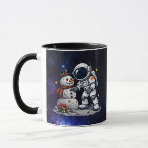 Caneca Astronauta de Natal Construindo um Boneco de Neve 