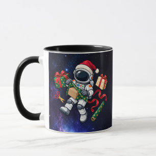 Caneca Astronauta de Natal Envolvendo Presentes no Espaço