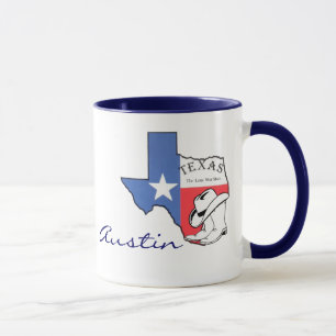 Caneca Austin, mapa do estado de Texas com estrela,