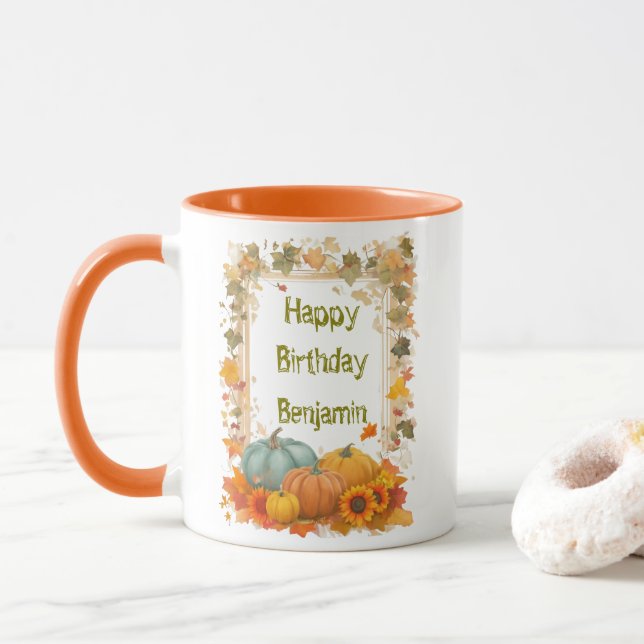 Caneca Autumn Birthday Mug Personalized Fall Pumpkins  (Com Donut)
