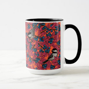 Caneca Aves de frango em ramos de mirtilo em laranja