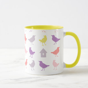 Caneca Aves de Pastel, rosa e roxo, com casa de aves