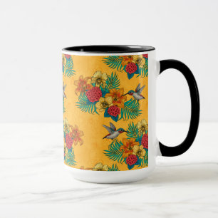Caneca Aves e buquês tropicais em amarelo