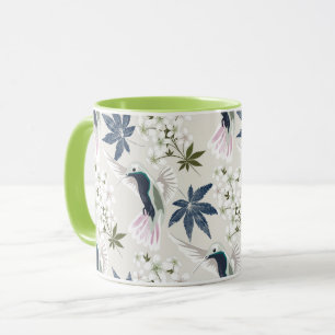 Caneca Aves e flores brancas.