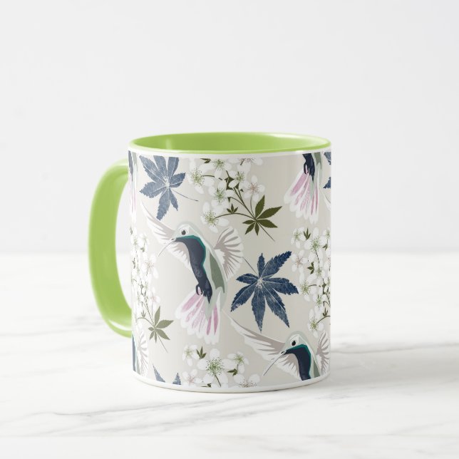 Caneca Aves e flores brancas. (Frente Esquerda)