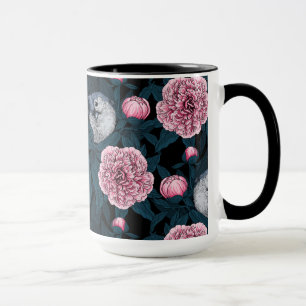 Caneca Aves e flores cor-de-rosa com folhas
