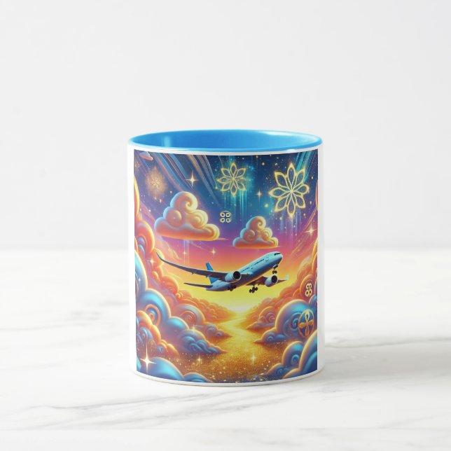 Caneca Avião Voando Através de Céu Colorido (Centro)