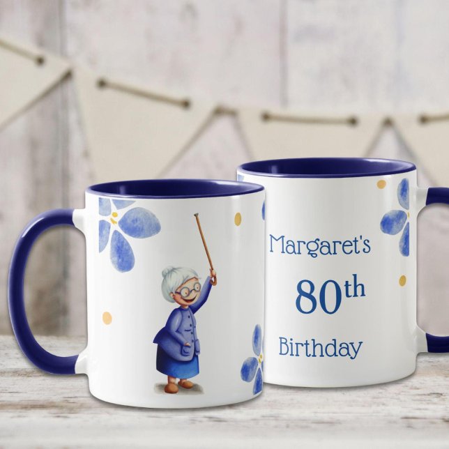 Caneca Avó Azul Aquarela 80 Floral Aniversário (Criador carregado)
