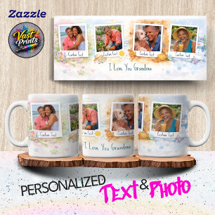 Caneca Avó Floral Colagem de Fotos Personalizadas Aquarel