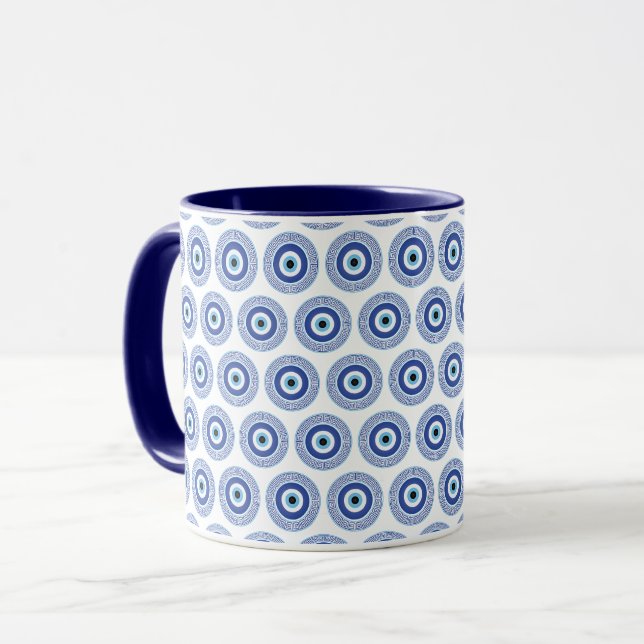 Caneca Aztec Greek Circle Key Evil Eye Pattern Blue (Frente Esquerda)