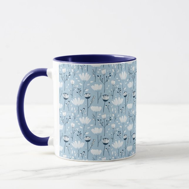 Caneca Azul Branco Azul-Marinho Florais Caprichosos em Aq (Esquerda)