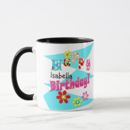 Caneca Azul brilhante branco rosa crianças diversão flore