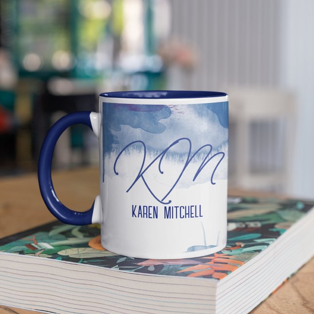 Caneca Azul-Café Mug Monograma-Molhado (name and blue watercolor)