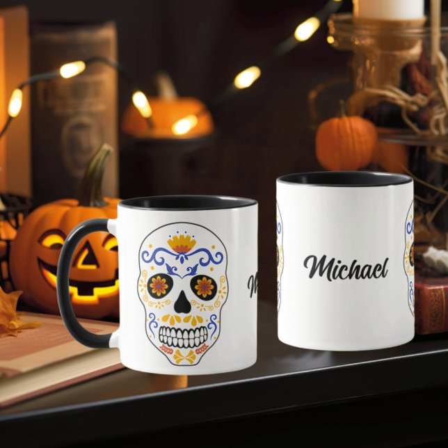 Caneca Azul Crânio De Açúcar E Laranja Com Nome Mug (Criador carregado)