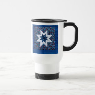 caneca azul da viagem ao trabalho da estrela da