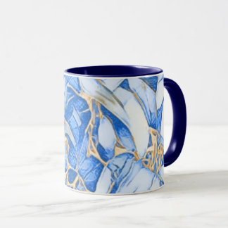 Caneca Azul E Faux Dourado Floral