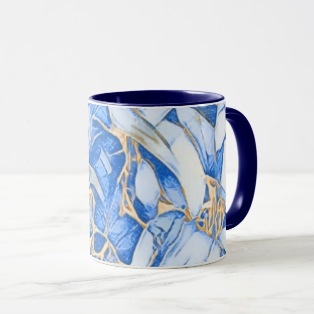 Caneca Azul E Faux Dourado Floral (Frente Esquerda)