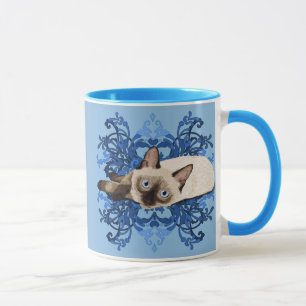 Caneca Azul Elegante Floral Siamês Gato Bonito Felino