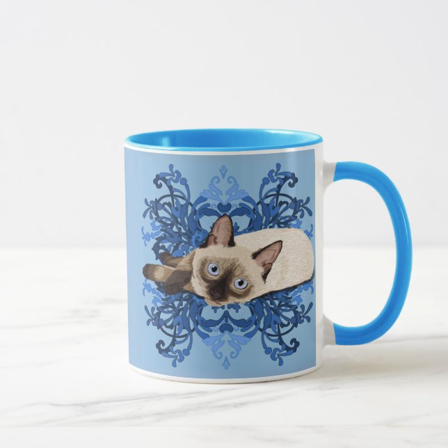 Caneca Azul Elegante Floral Siamês Gato Bonito Felino (Direita)