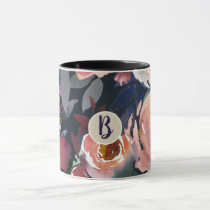 Caneca Azul Escuro e Rosa Bege Floral Chic Aquarela