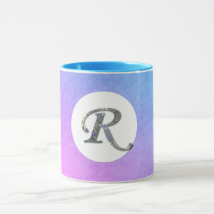 Caneca Azul floral extravagante e roxo da letra R