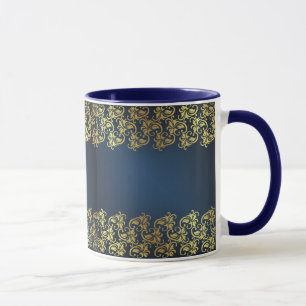 Caneca azul marinho,floral dourado,padrão,chic,elegante,