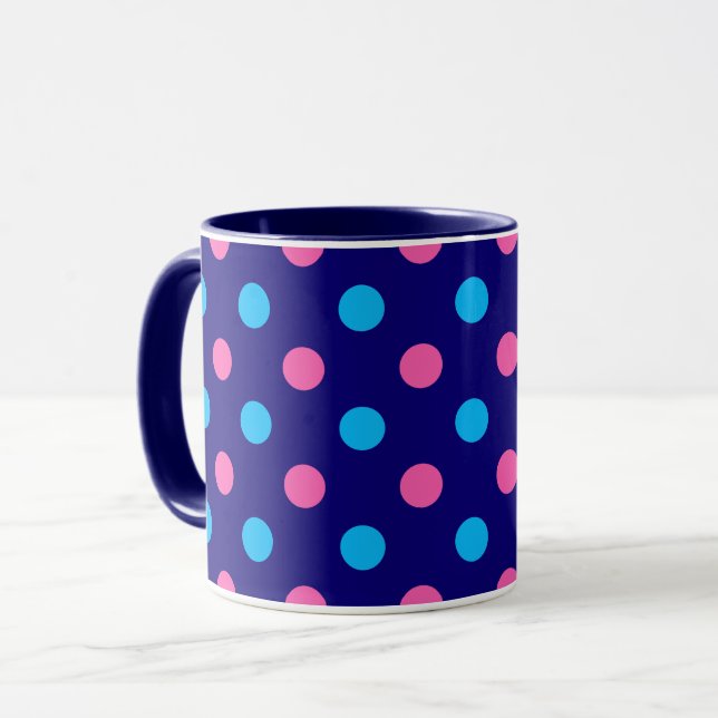 Caneca Azul Marinho Rosa Ciano Padrão de Bolinhas (Frente Esquerda)